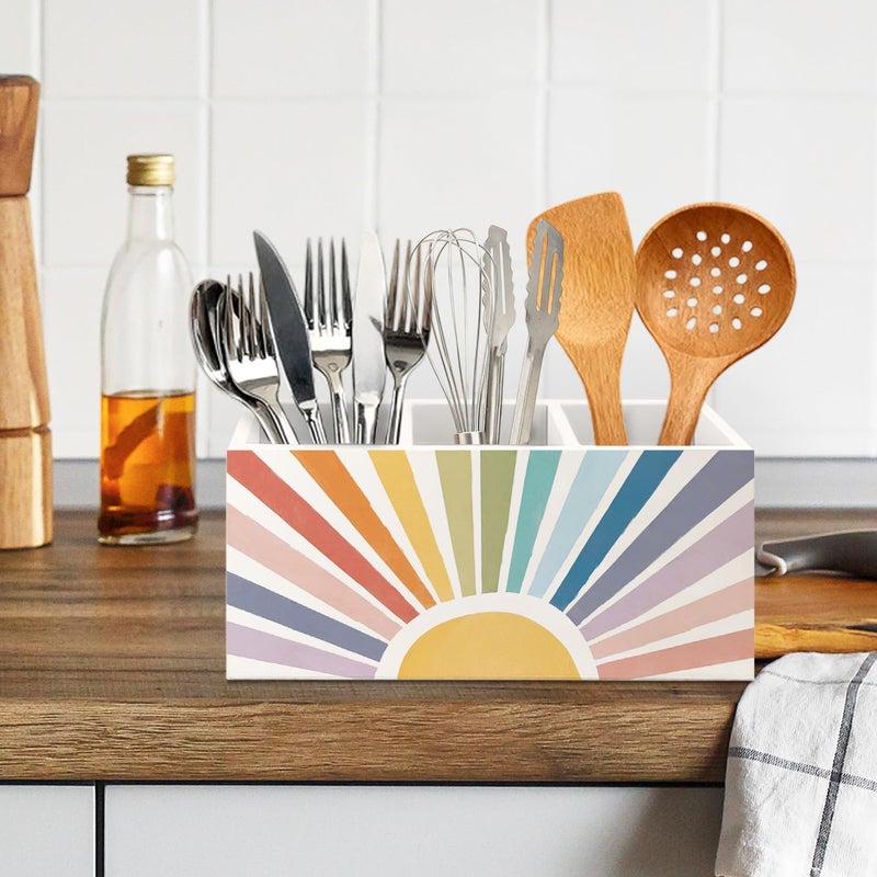 KBRCT Boho Colorful Sun Sunshine Wooden Utensils Holder, Mid Century Modern Horizontal Sunset Sunrise Wood Cooking Utensil Holder Organizer for Kitchen Countertop Counter Decor Accessories - Image 5